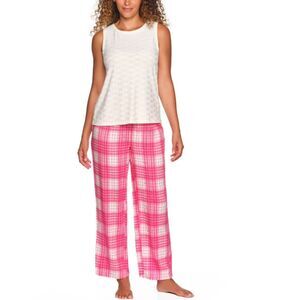NEW Sz Medium White Heart Tank Top & Pink Plaid Pant 2 Pc Pajama Lounge Set LOFT